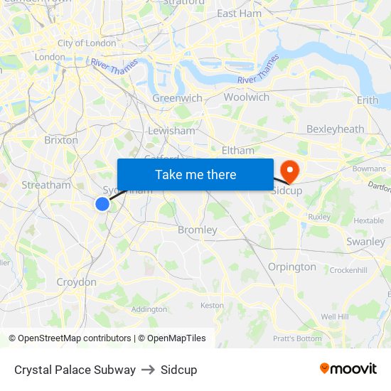 Crystal Palace Subway to Sidcup map