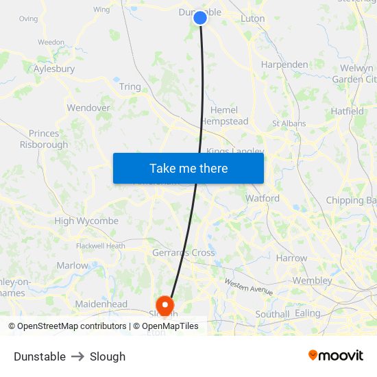 Dunstable to Slough map