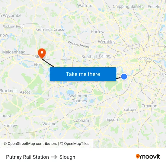 Putney Rail Station to Slough map