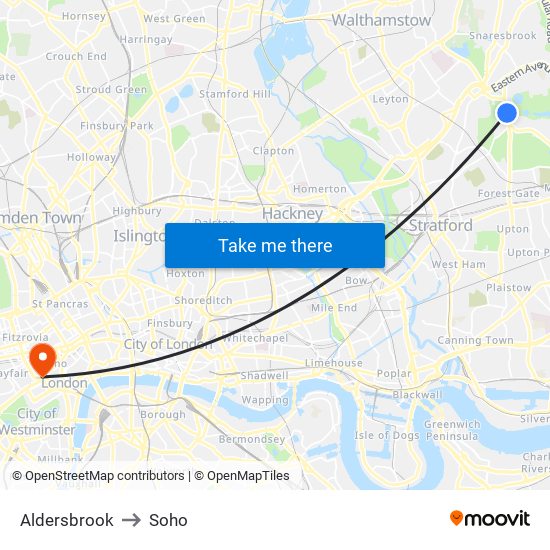 Aldersbrook to Soho map