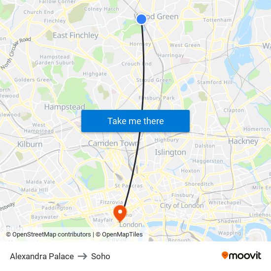Alexandra Palace to Soho map