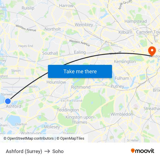 Ashford (Surrey) to Soho map