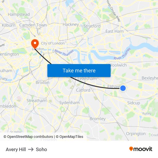 Avery Hill to Soho map