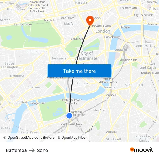 Battersea to Soho map