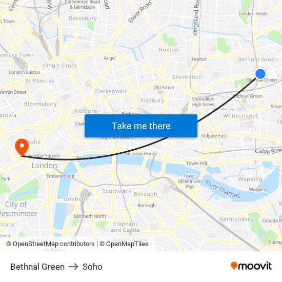 Bethnal Green to Soho map