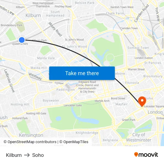 Kilburn to Soho map