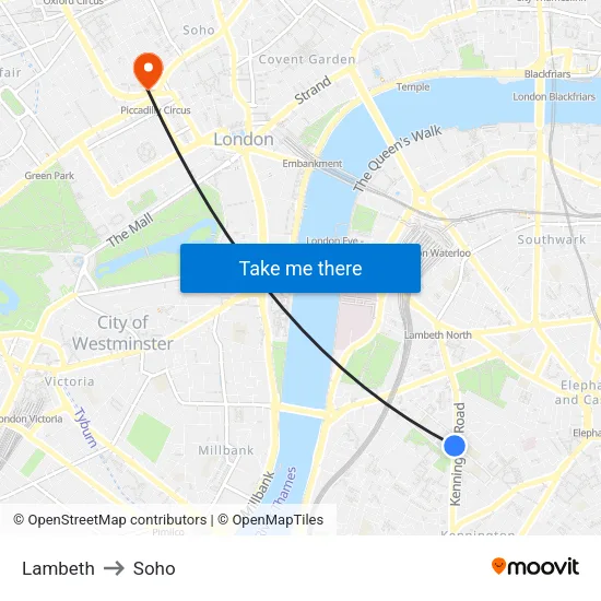Lambeth to Soho map