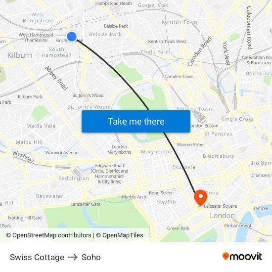 Swiss Cottage to Soho map