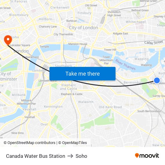 Canada Water Bus Station to Soho map