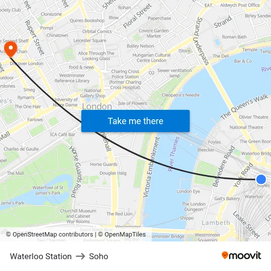 Waterloo Station to Soho map