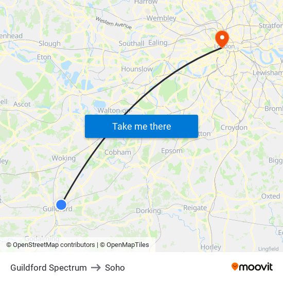 Guildford Spectrum to Soho map