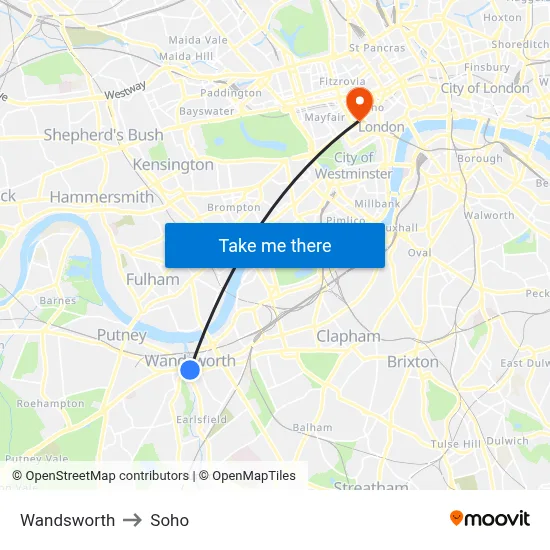 Wandsworth to Soho map