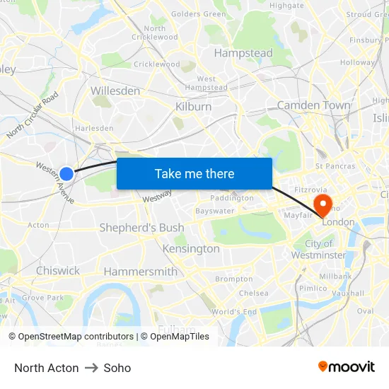 North Acton to Soho map