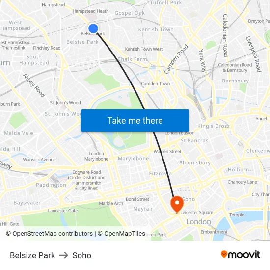 Belsize Park to Soho map