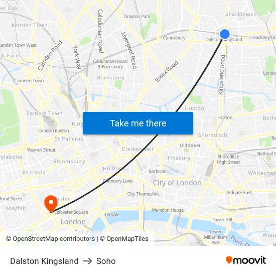 Dalston Kingsland to Soho map