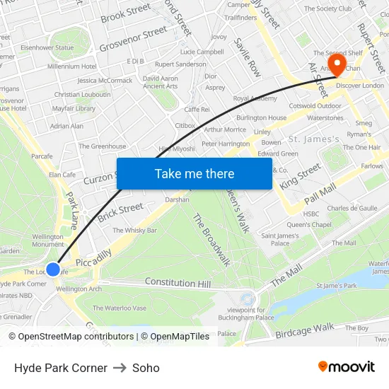 Hyde Park Corner to Soho map
