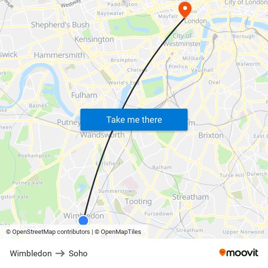 Wimbledon to Soho map