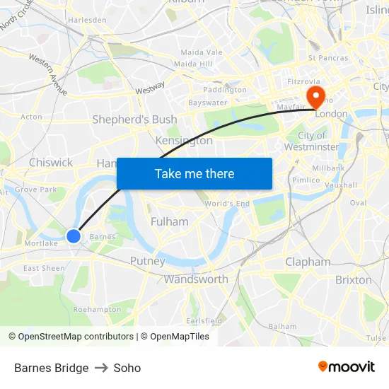 Barnes Bridge to Soho map