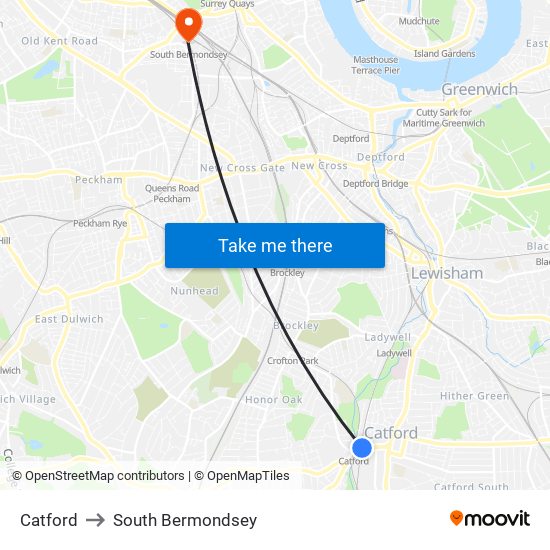 Catford to South Bermondsey map