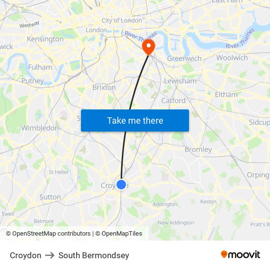 Croydon to South Bermondsey map