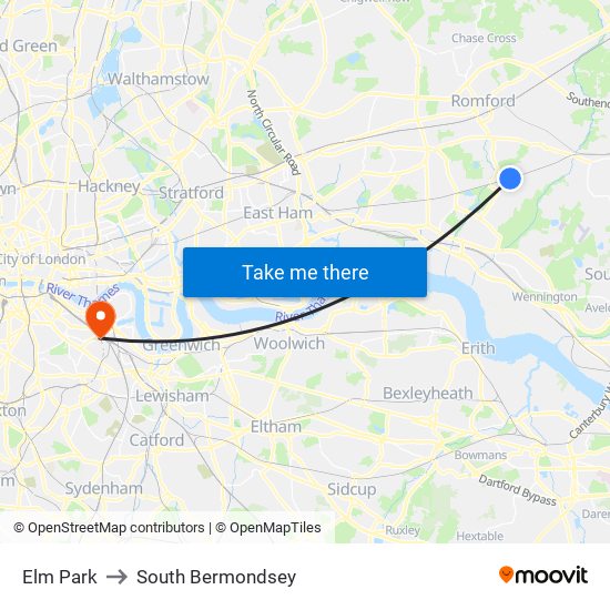 Elm Park to South Bermondsey map