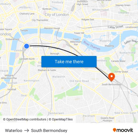 Waterloo to South Bermondsey map