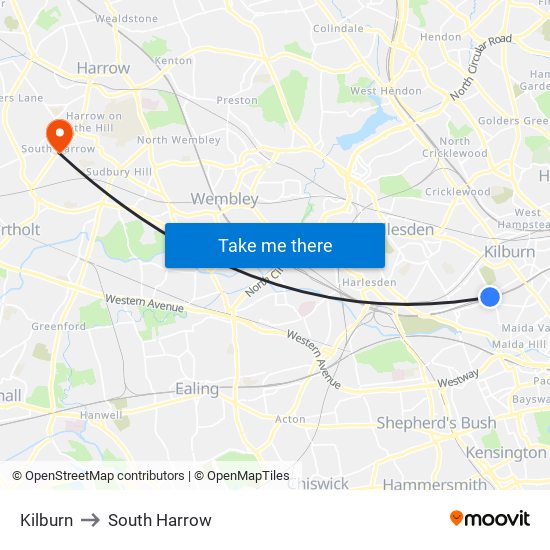 Kilburn to South Harrow map