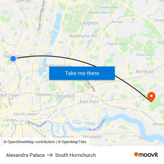 Alexandra Palace to South Hornchurch map