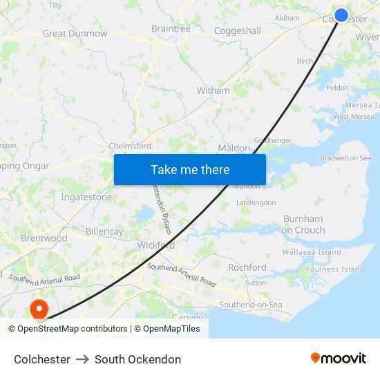 Colchester to South Ockendon map