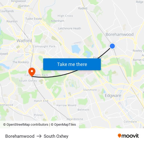 Borehamwood to South Oxhey map