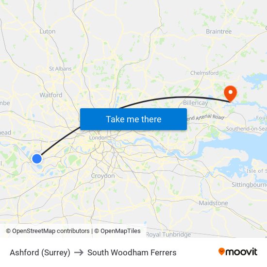 Ashford (Surrey) to South Woodham Ferrers map