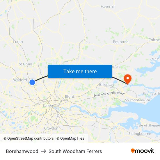 Borehamwood to South Woodham Ferrers map