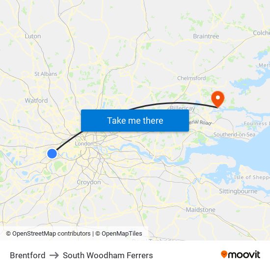 Brentford to South Woodham Ferrers map