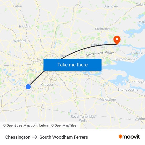 Chessington to South Woodham Ferrers map