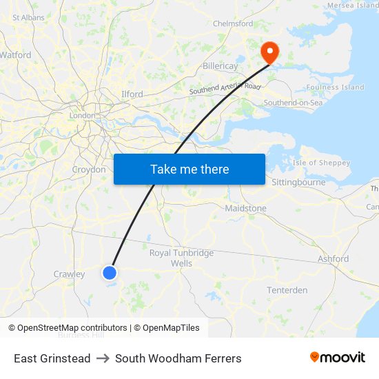 East Grinstead to South Woodham Ferrers map