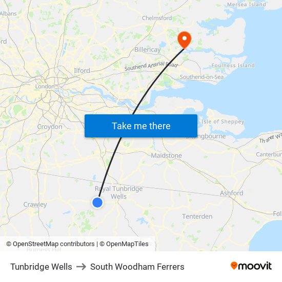 Tunbridge Wells to South Woodham Ferrers map