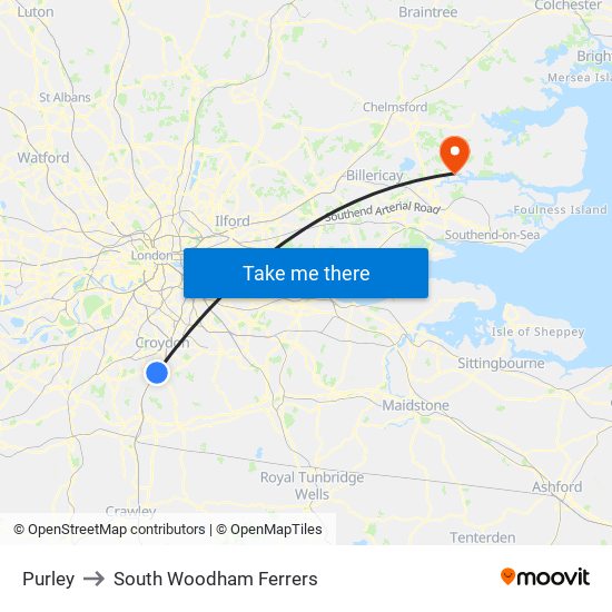 Purley to South Woodham Ferrers map