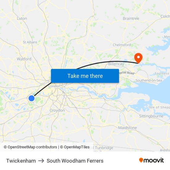 Twickenham to South Woodham Ferrers map