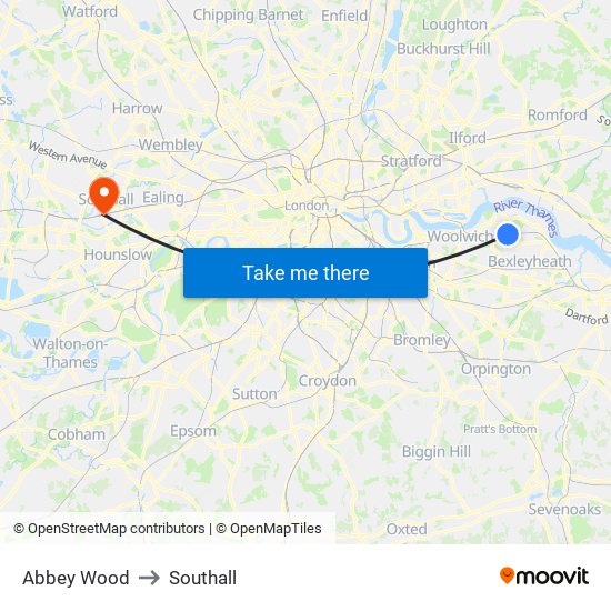 Abbey Wood to Southall map