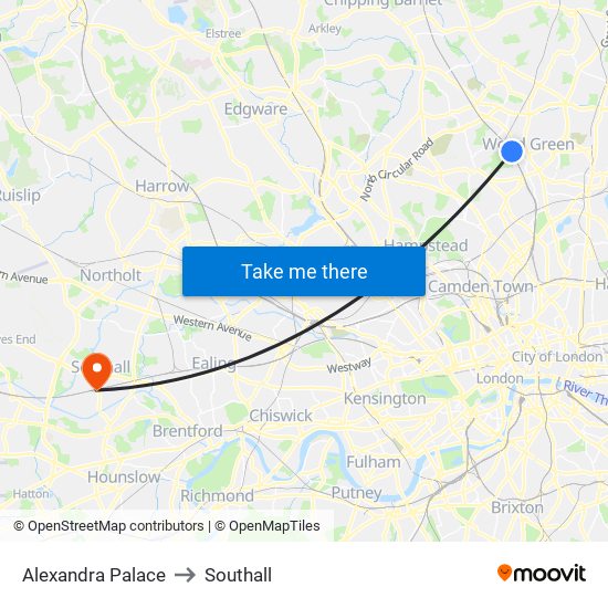 Alexandra Palace to Southall map