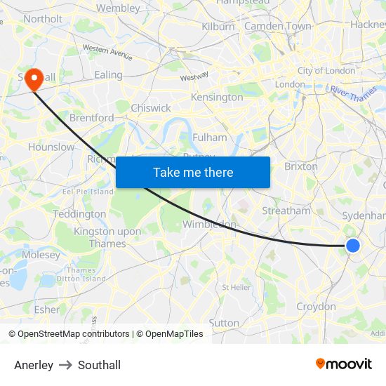 Anerley to Southall map