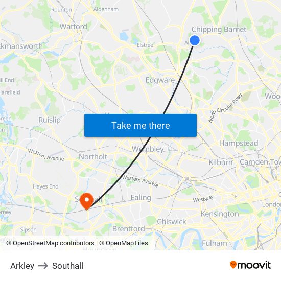 Arkley to Southall map