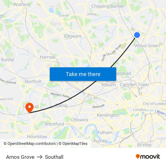 Arnos Grove to Southall map