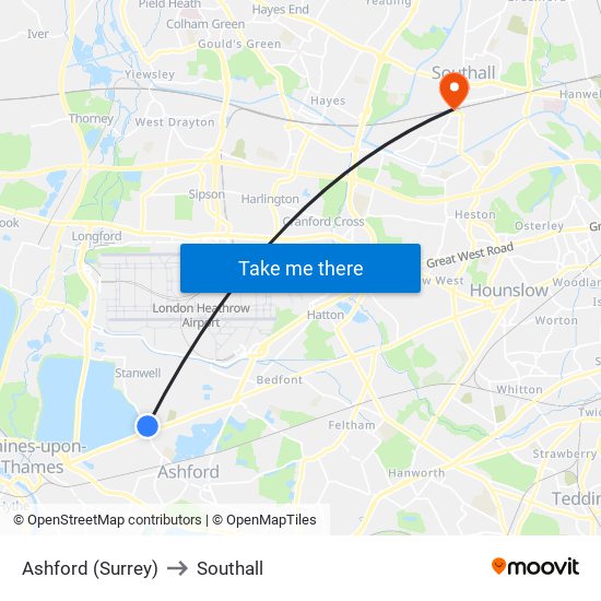 Ashford (Surrey) to Southall map