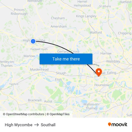 High Wycombe to Southall map