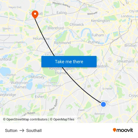 Sutton to Southall map