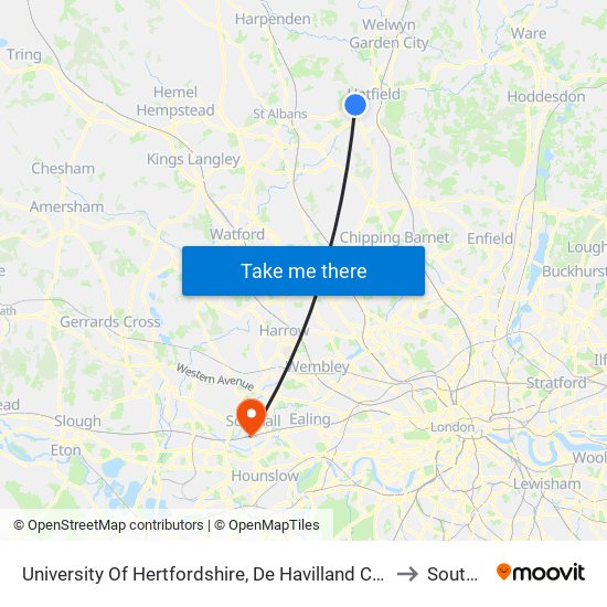 University Of Hertfordshire, De Havilland Campus to Southall map