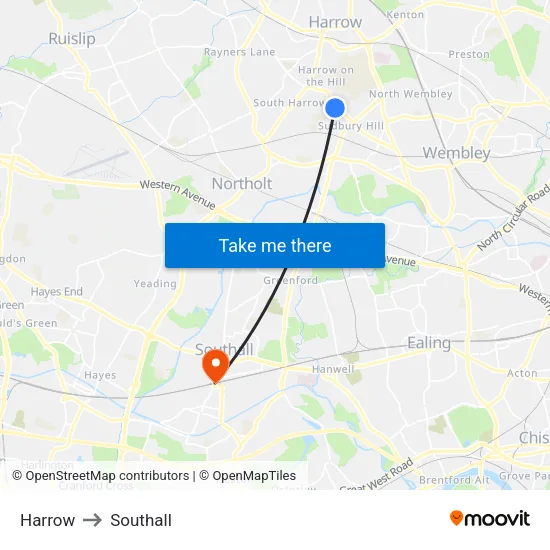 Harrow to Southall map