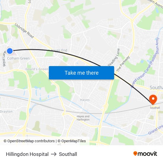 Hillingdon Hospital to Southall map