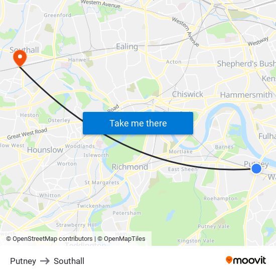 Putney to Southall map